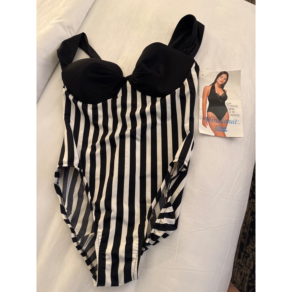 Miraclesuit Swim Shaper One Piece Swimsuit Black White Stripe Vintage Siz 16 NWT
